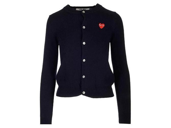 Comme Des Garcons Wollstrickjacke mit rotem Herz-Aufnäher (AX Blau - Ansicht 3