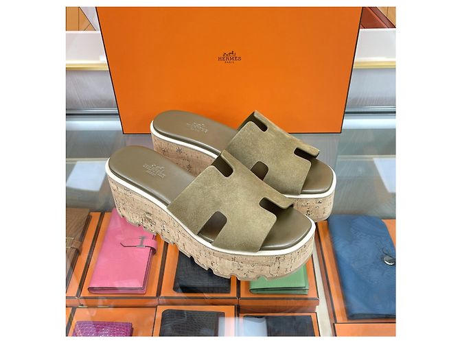 Hermès Sandali Eje in scamosciato Khaki Marrone - vista 3