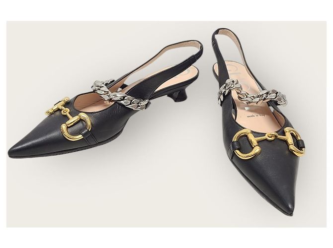 Gucci Scarpe slingback con morsetto in pelle nera Nero - vista 3