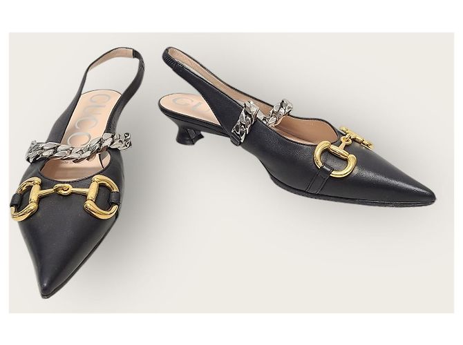Gucci Scarpe slingback con morsetto in pelle nera Nero - vista 4