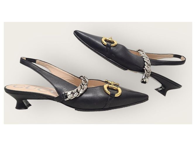 Gucci Scarpe slingback con morsetto in pelle nera Nero - vista 5