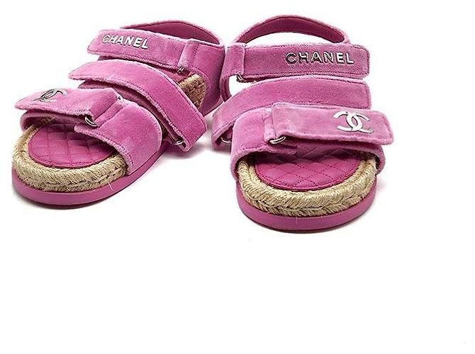 Chanel Sandali Espadrilles in Velluto con Velcro Rosa - vista 2