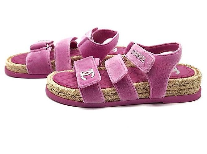 Chanel Sandali Espadrilles in Velluto con Velcro Rosa - vista 3