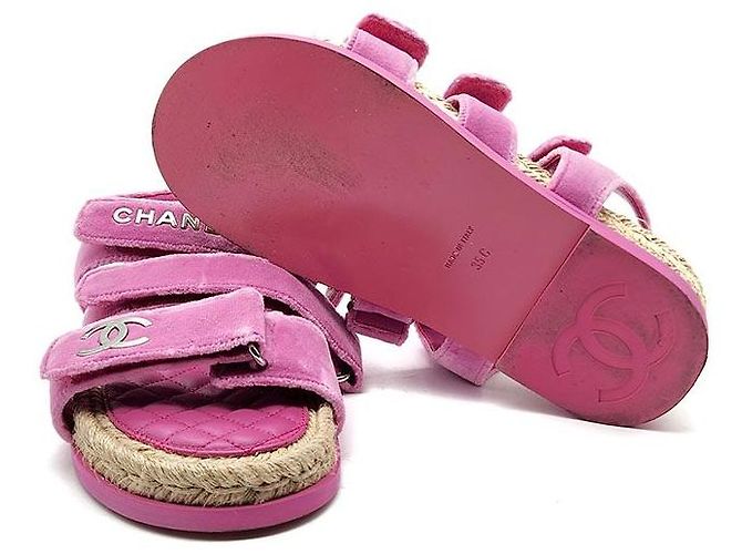 Chanel Sandali Espadrilles in Velluto con Velcro Rosa - vista 5