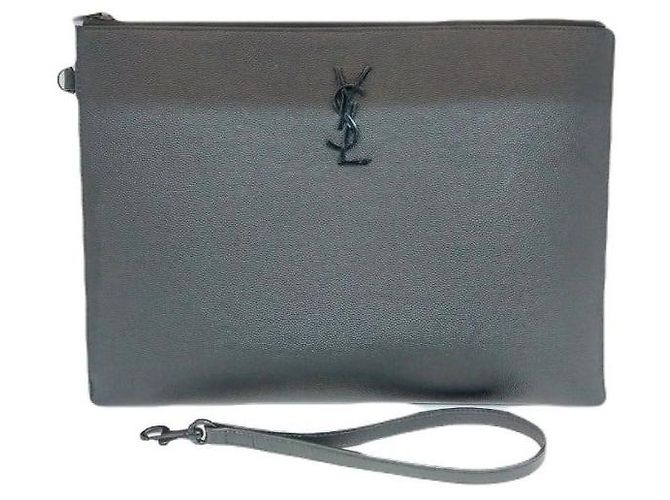 Saint Laurent Pochette Clutch All Black Cassandra Fermeture Éclair Porte-Tablette Monogramme Gaufré Noir - vue 2