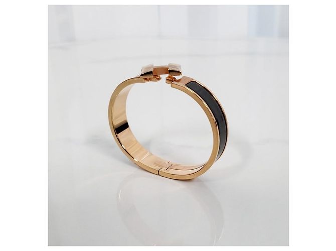 Hermès Bracciale stretto con chiusura a T in oro rosa e nero - vista 7
