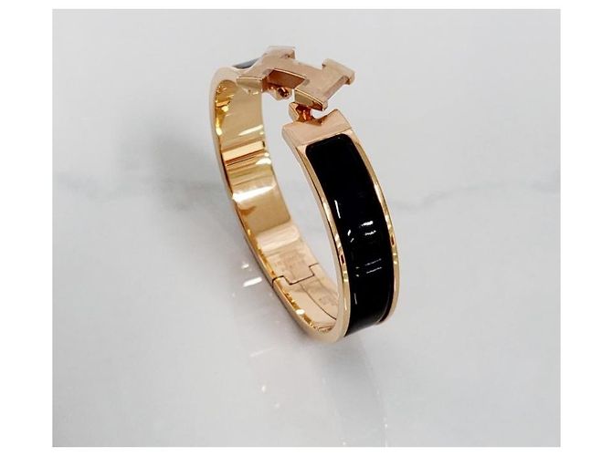 Hermès Bracciale stretto con chiusura a T in oro rosa e nero - vista 8