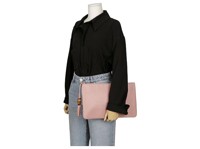 Bamboo Gucci Clutch in pelle rosa con nappa in bambù - vista 14