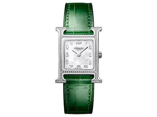 Hermès Relógio Heure para Mulher Modelo Pequeno Prateado com Diamantes e Pulseira de Alligator Verde - vista 2
