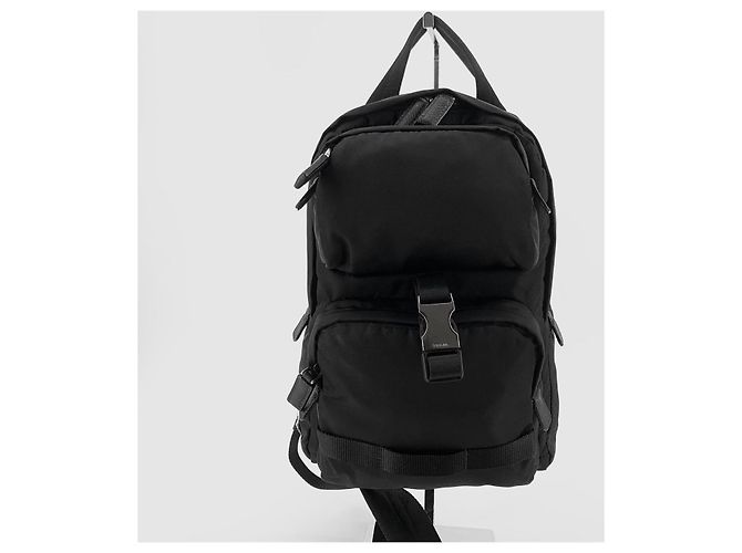 Double Prada Re-Nylon Triangle Logo Slingback Backpack Black - view 2