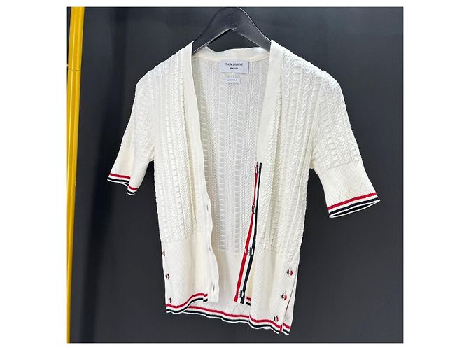 Thom Browne Kurzärmeliger Zopfstrick-Cardigan weiß - Ansicht 2