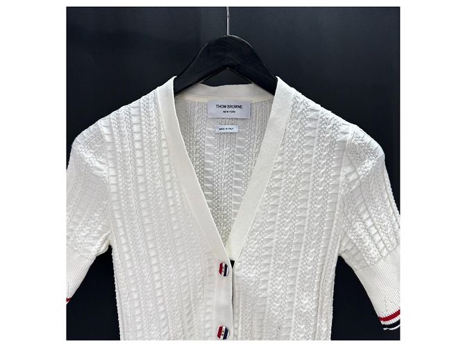 Thom Browne Kurzärmeliger Zopfstrick-Cardigan weiß - Ansicht 4