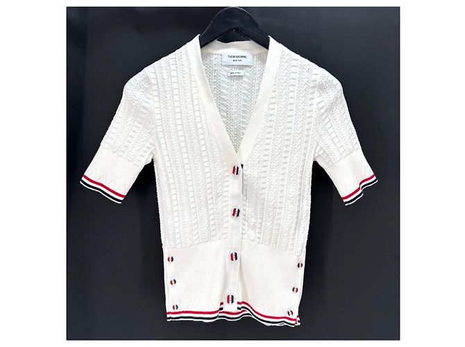 Thom Browne Kurzärmeliger Zopfstrick-Cardigan weiß - Ansicht 5