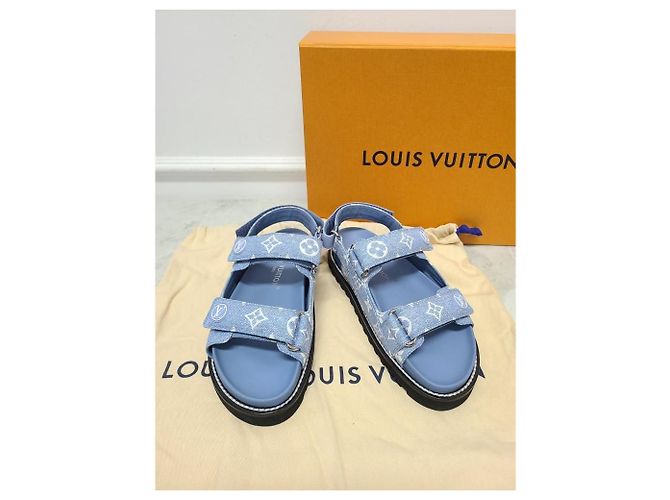 Louis Vuitton Sandali piatti in denim con velcro Monogram Paseo Blu - vista 7