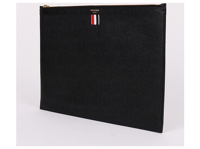 Thom Browne Clutch XL a tre strisce nera placcata oro Nero - vista 3