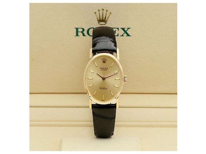 Rolex Reloj Cellini Small de cuero oval para mujer, Oro, Manual Negro - vista 2