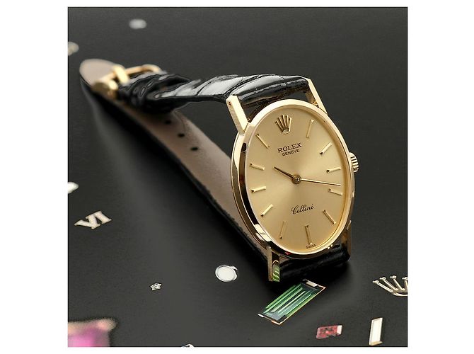 Rolex Reloj Cellini Small de cuero oval para mujer, Oro, Manual Negro - vista 24