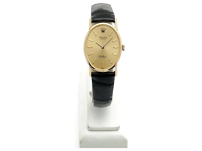 Rolex Reloj Cellini Small de cuero oval para mujer, Oro, Manual Negro - vista 3
