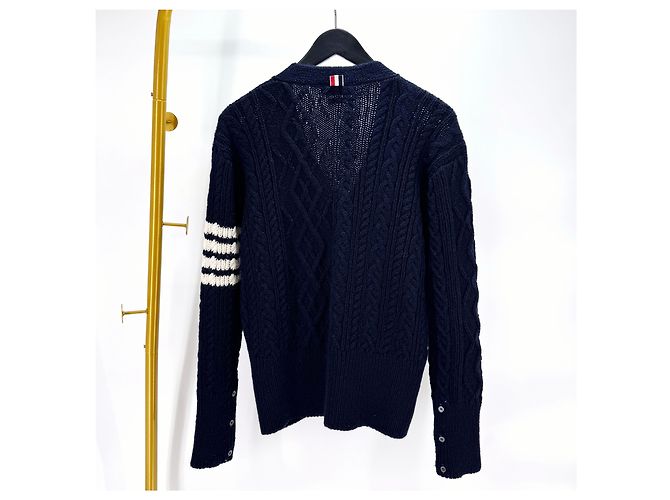Thom Browne Diagonal Aran Zopfstrick-Cardigan Navy Blau - Ansicht 4