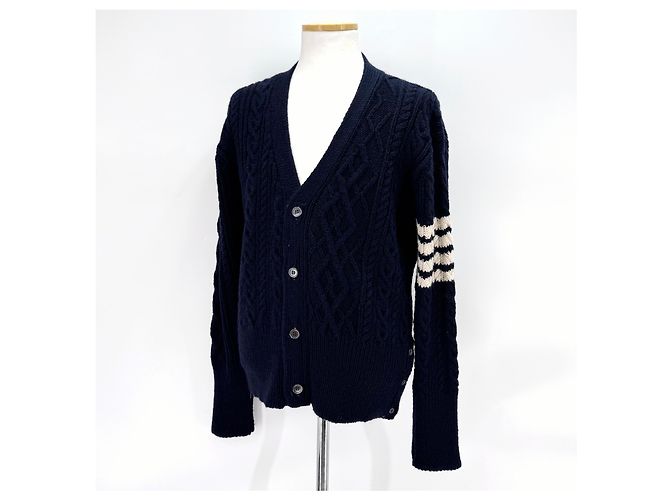 Thom Browne Diagonal Aran Zopfstrick-Cardigan Navy Blau - Ansicht 6