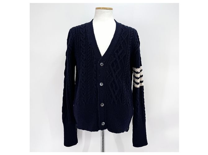 Thom Browne Diagonal Aran Zopfstrick-Cardigan Navy Blau - Ansicht 7