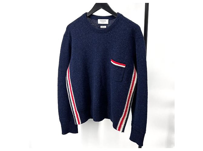 Thom Browne Shetland Crewneck Strickpullover mit drei Streifen Navy - Ansicht 2