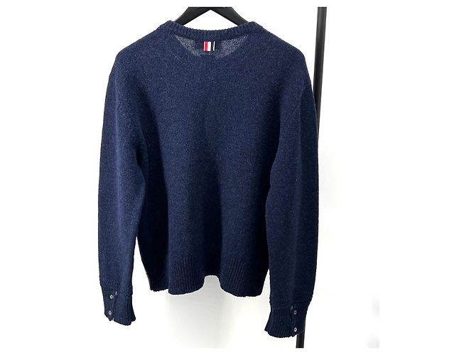 Thom Browne Shetland Crewneck Strickpullover mit drei Streifen Navy - Ansicht 3