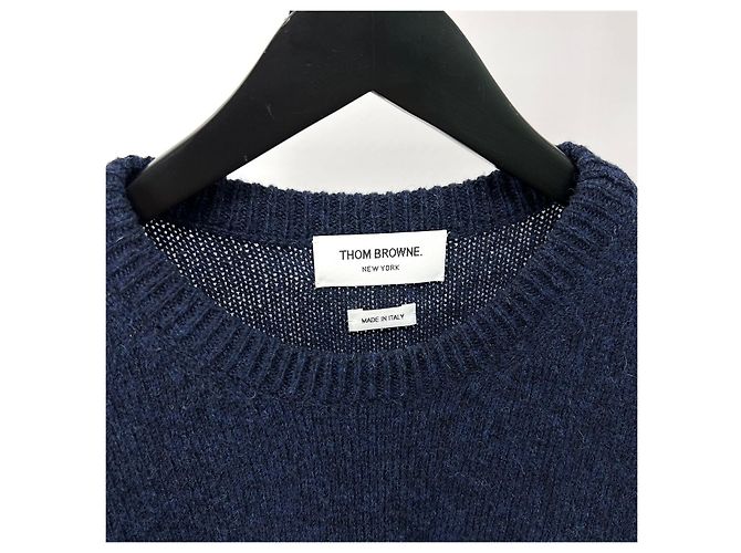 Thom Browne Shetland Crewneck Strickpullover mit drei Streifen Navy - Ansicht 4