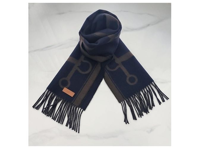 Hermès Sciarpa in Cashmere Casaque Mors Blu - vista 7