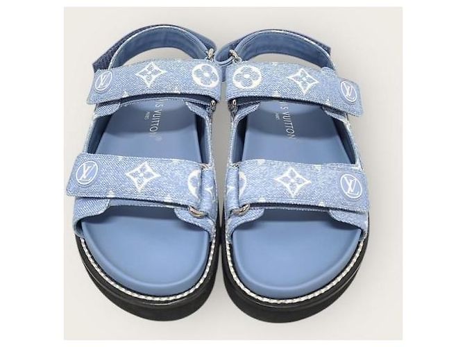 Louis Vuitton Sandali piatti in denim Monogram Paseo Velcro Blu - vista 6