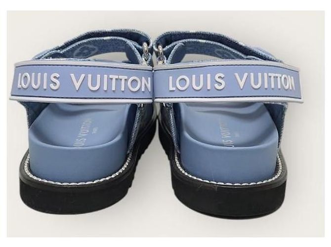 Louis Vuitton Sandali piatti in denim Monogram Paseo Velcro Blu - vista 7