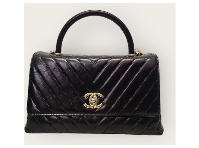 Chanel Medium Black Vintage Calfskin Chevron Coco Handle Nero - vista 2