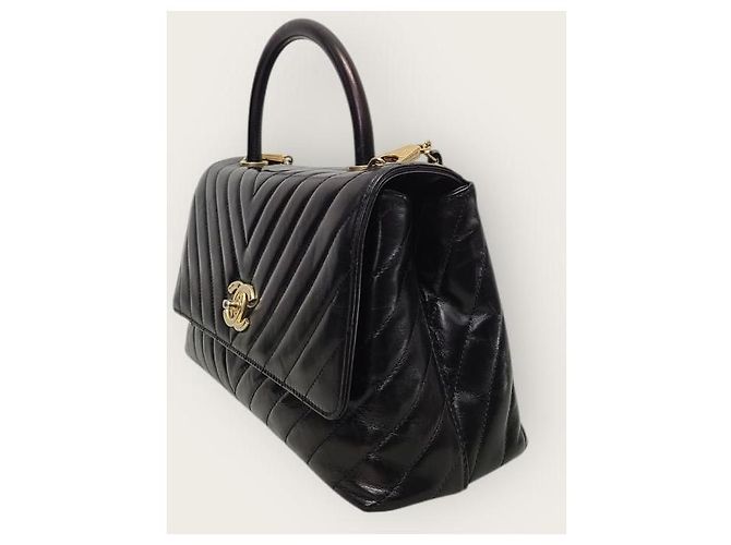 Chanel Medium Black Vintage Calfskin Chevron Coco Handle Nero - vista 3