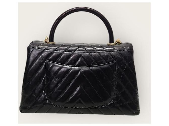 Chanel Medium Black Vintage Calfskin Chevron Coco Handle Nero - vista 6