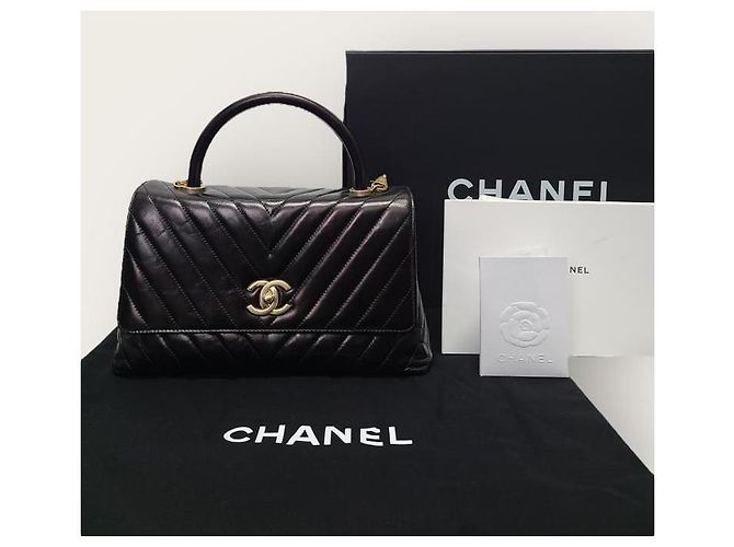 Chanel Medium Black Vintage Calfskin Chevron Coco Handle Nero - vista 8