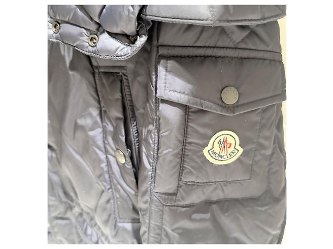 Moncler Logo Patch Hooded Long Down Jacket Navy Blue - view 3