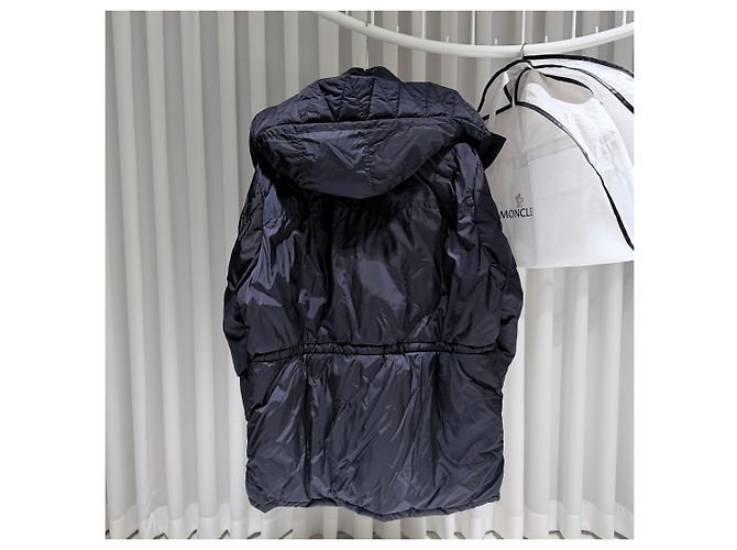 Moncler Logo Patch Hooded Long Down Jacket Navy Blue - view 4