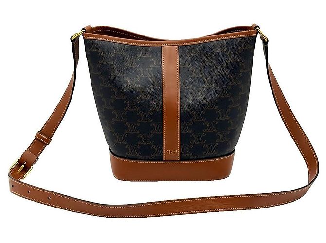 Céline Piccola borsa a tracolla in tela Triomphe e pelle di vitello marrone - vista 2