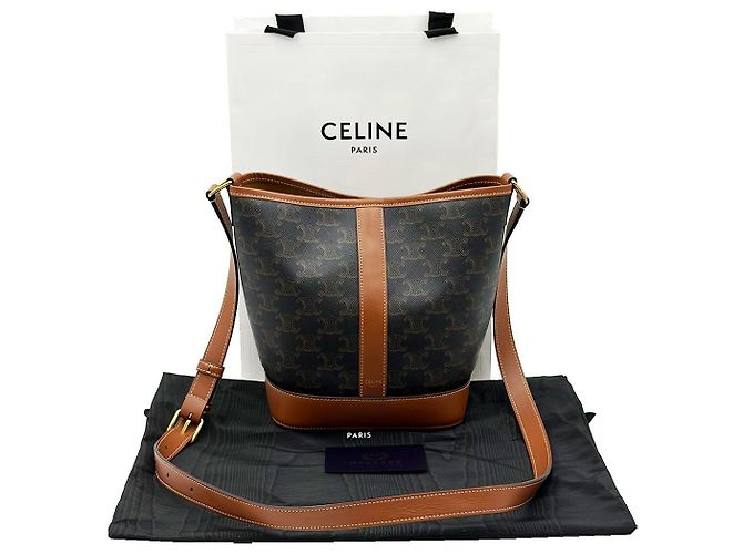 Céline Piccola borsa a tracolla in tela Triomphe e pelle di vitello marrone - vista 3