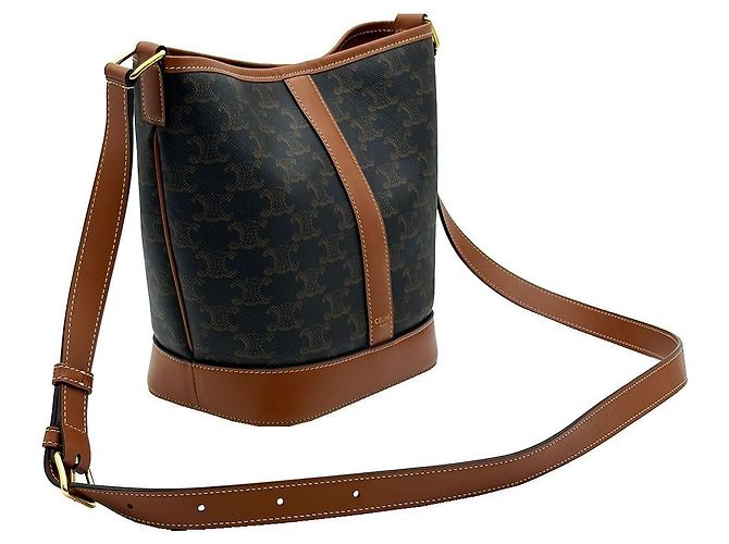 Céline Piccola borsa a tracolla in tela Triomphe e pelle di vitello marrone - vista 4