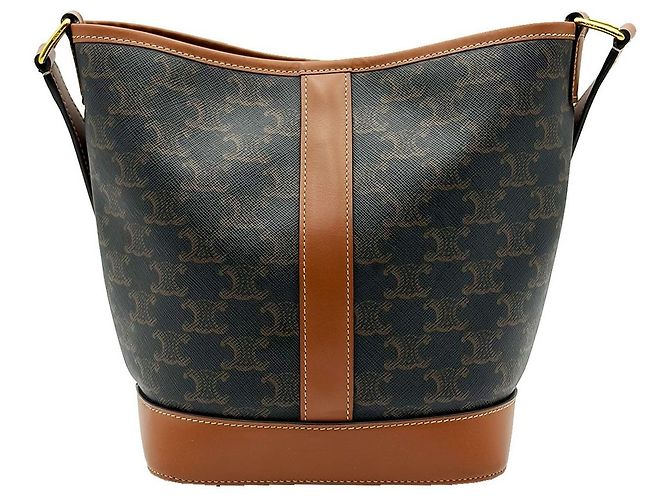Céline Piccola borsa a tracolla in tela Triomphe e pelle di vitello marrone - vista 5