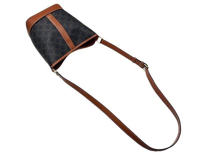 Céline Piccola borsa a tracolla in tela Triomphe e pelle di vitello marrone - vista 6