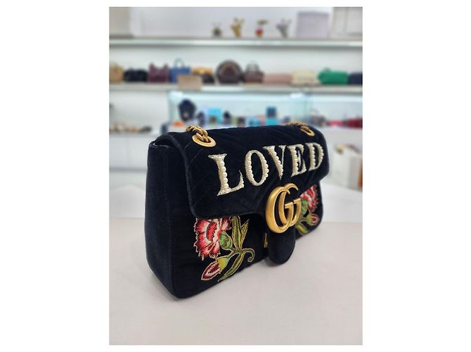 Gucci Borsa a tracolla Marmont Medium Velvet LOVE Pearl Flora Nero - vista 12