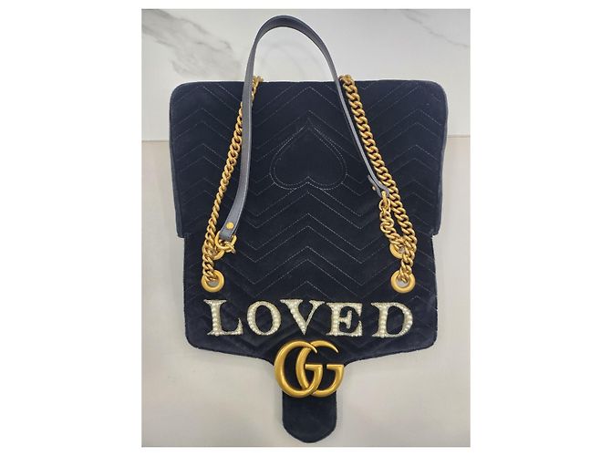 Gucci Borsa a tracolla Marmont Medium Velvet LOVE Pearl Flora Nero - vista 18