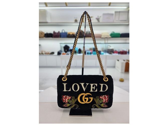 Gucci Borsa a tracolla Marmont Medium Velvet LOVE Pearl Flora Nero - vista 9