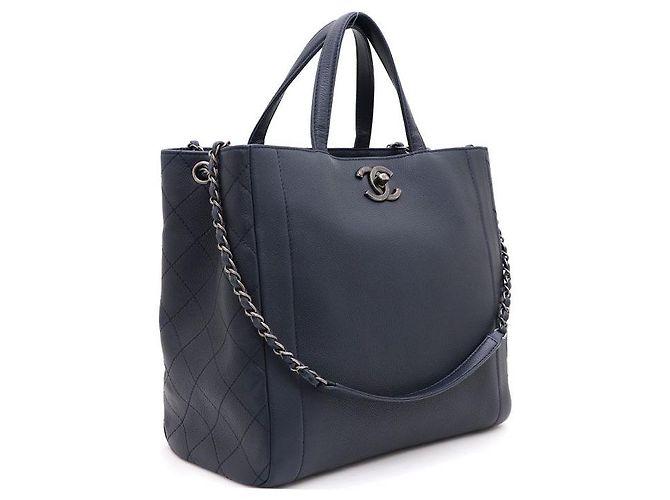 Chanel Vintage Silver CC Logo Caviar Tote Bag und Schultertasche Blau - Ansicht 2