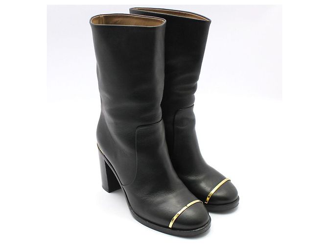 Chanel Mid Boots aus schwarzem Leder mit goldfarbenem CC-Logo - Ansicht 3