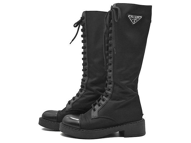 Prada Botas altas con cordones de nailon cepillado Negro - vista 3