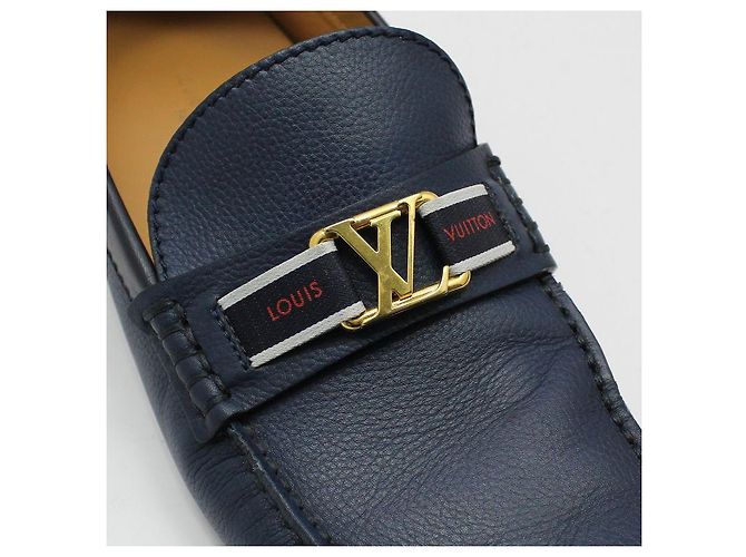 Louis Vuitton Mocassini Hockenheim con logo LV dorato e blu navy - vista 11
