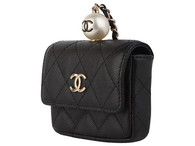 Chanel Portacarte CC Caviar Flap Gold Pearl Chain Necklace Nero - vista 2